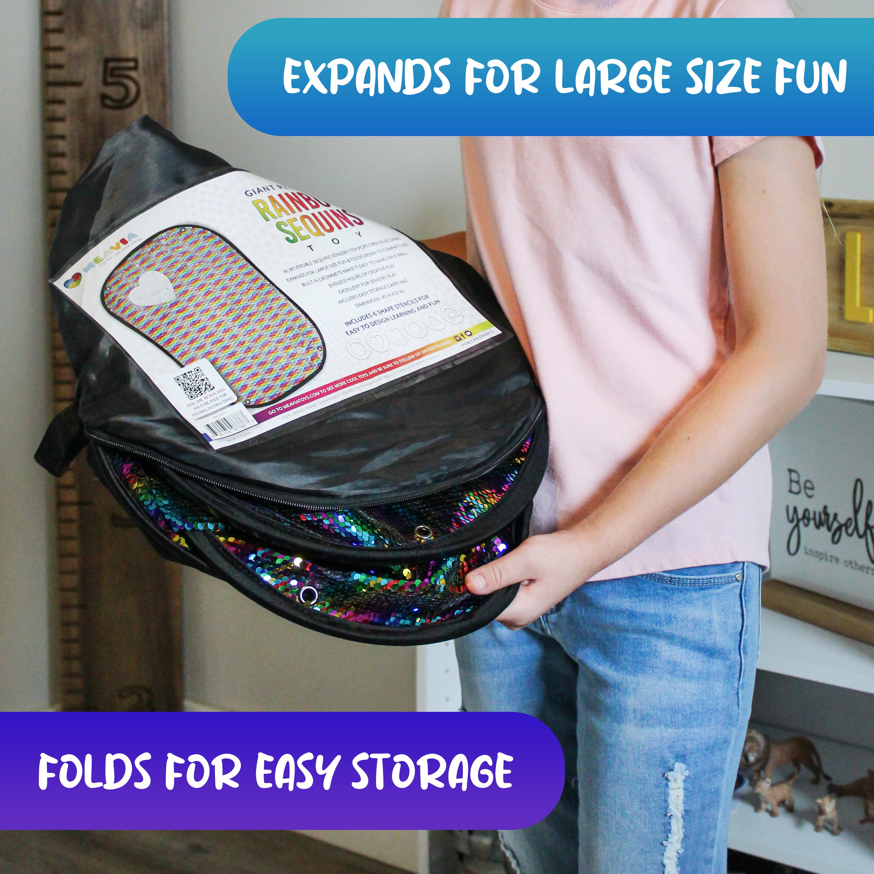 Giant Reversible Rainbow Sequins Toy folding into its storage bag for easy storage