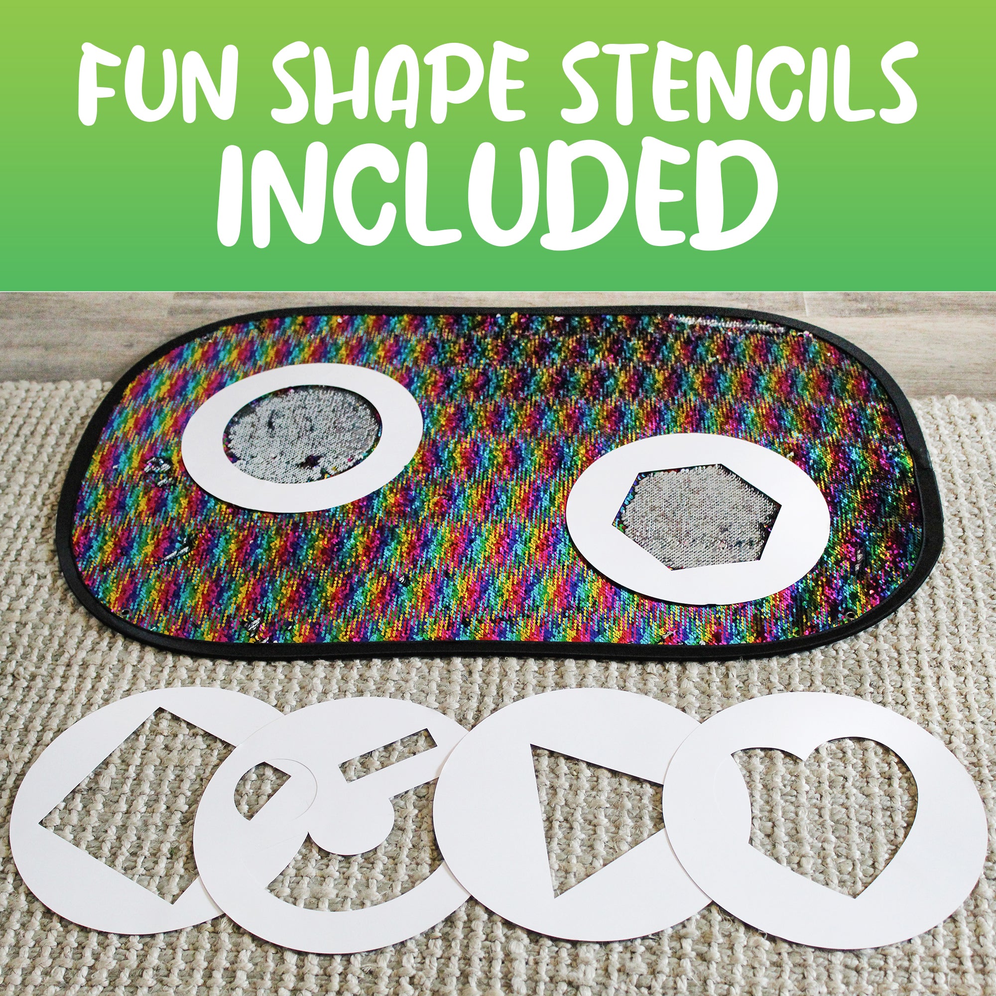 Giant Reversible Rainbow Sequins Toy with included shape stencils for drawing and creative play