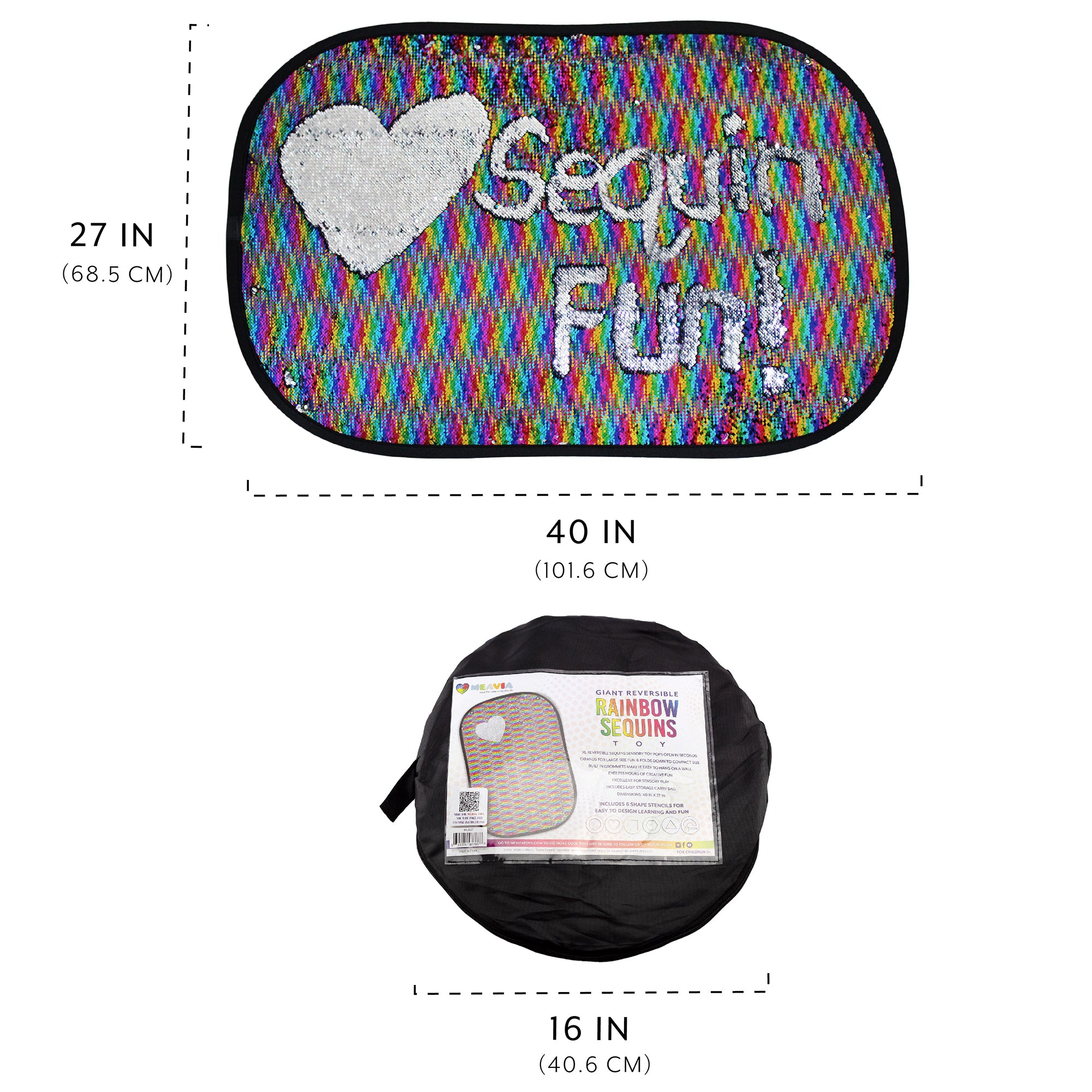 Size graphic showing the Giant Reversible Rainbow Sequins Toy at 40 inches wide by 27 inches high with a 16-inch storage bag