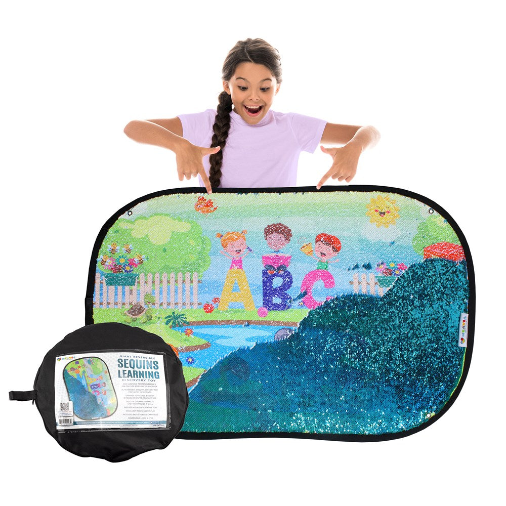 Giant Reversible Sequins Learning Discovery Toy with colorful learning graphics and storage bag on a white background