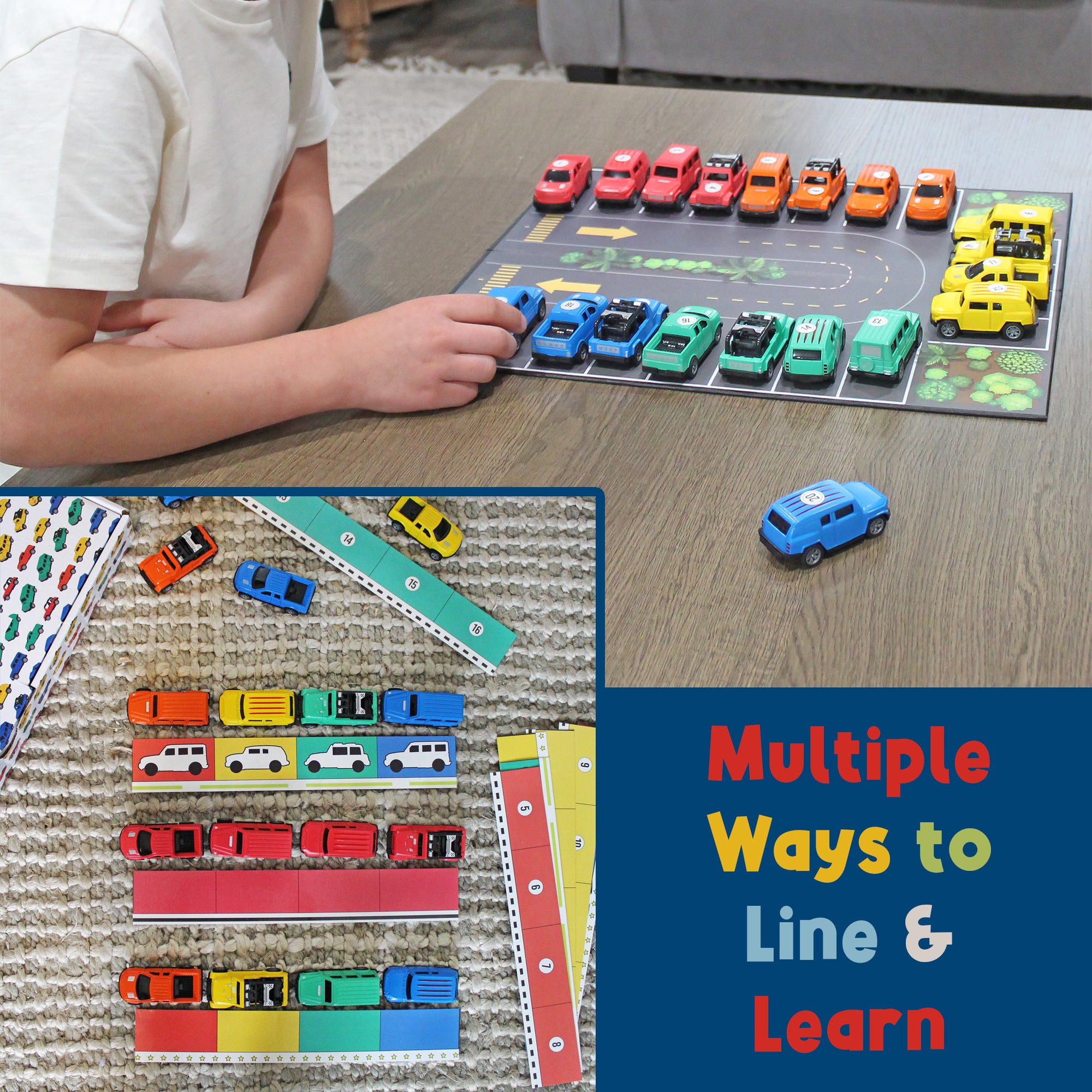 Child arranging MEAVIA toy cars on the parking lot board with examples of color and picture-matching activities