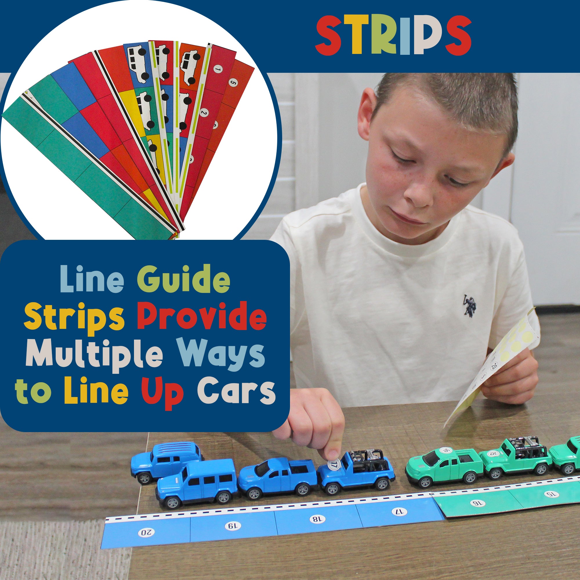 Child using numbered line-up guide strips to arrange colorful MEAVIA toy cars