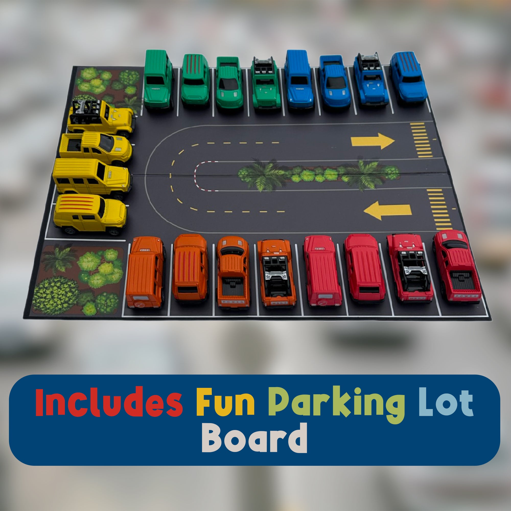 Fold-out MEAVIA parking lot game board with 20 colorful pull-back cars arranged around the roadway