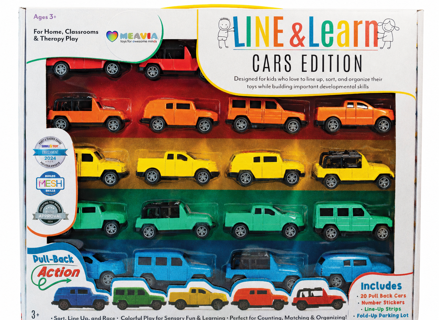 MEAVIA Line & Learn Cars retail package showing 20 colorful pull-back cars arranged by color