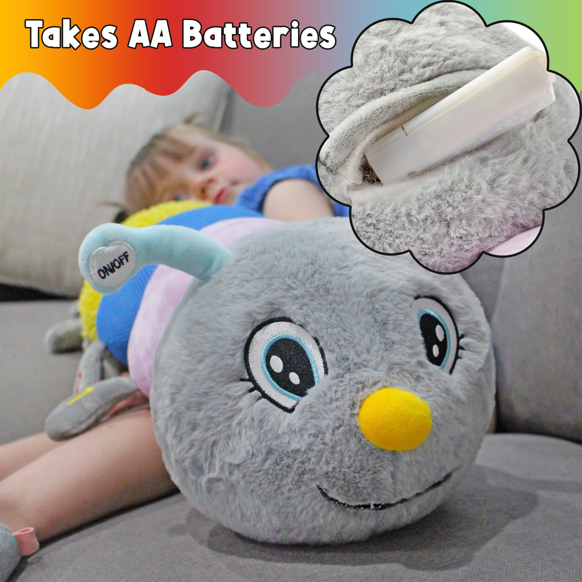 CuddleBug vibrating sensory caterpillar showing the AA battery compartment inside its plush head