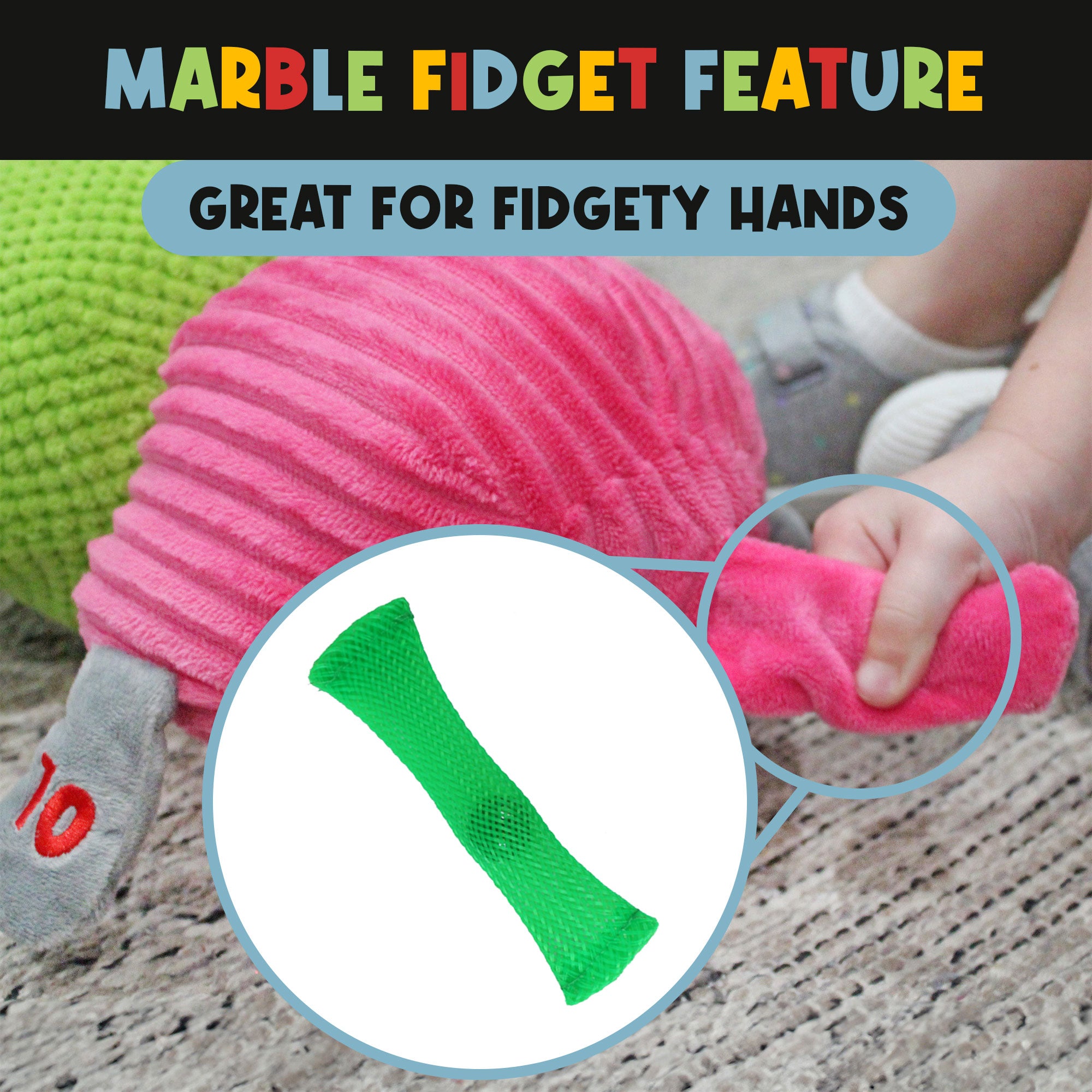 Close-up of a child moving the built-in marble through CuddleBug’s plush fidget tail