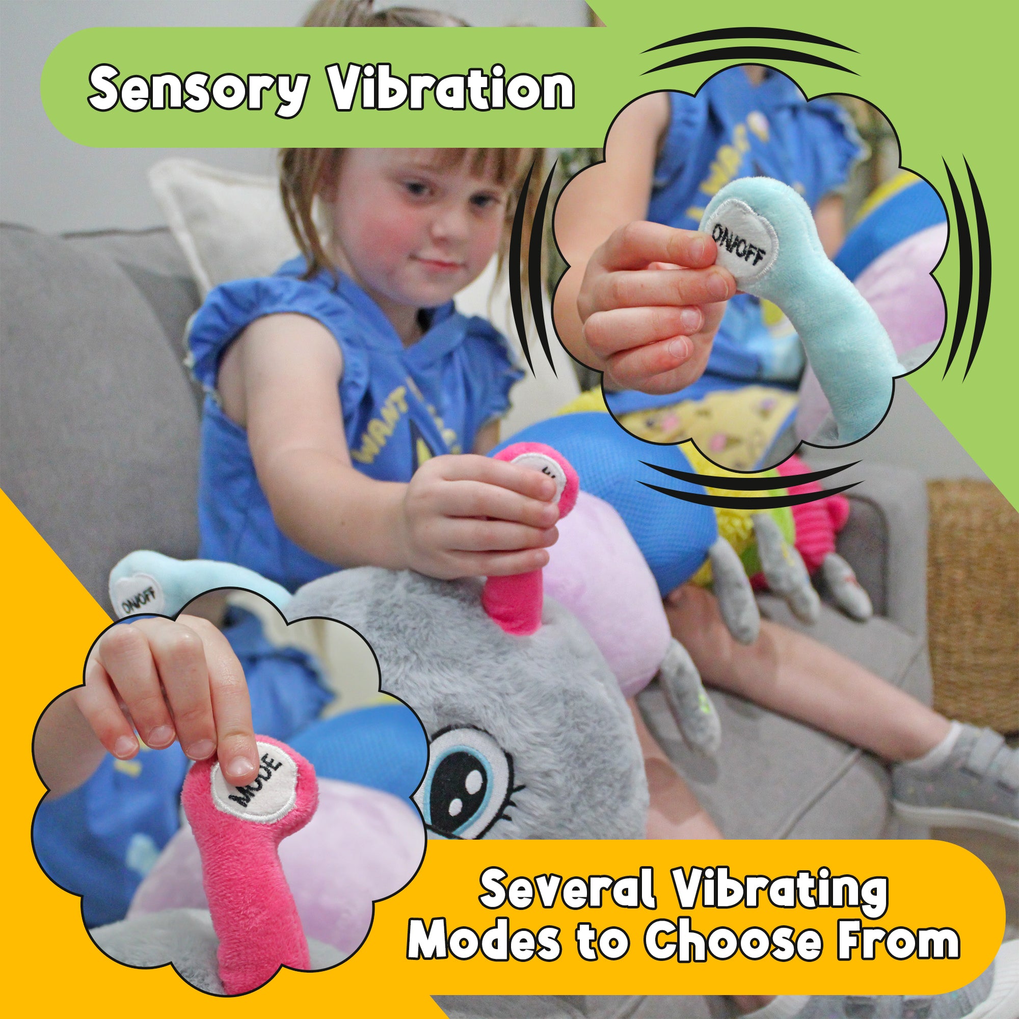 Child using CuddleBug’s antenna controls to select from five sensory vibration modes
