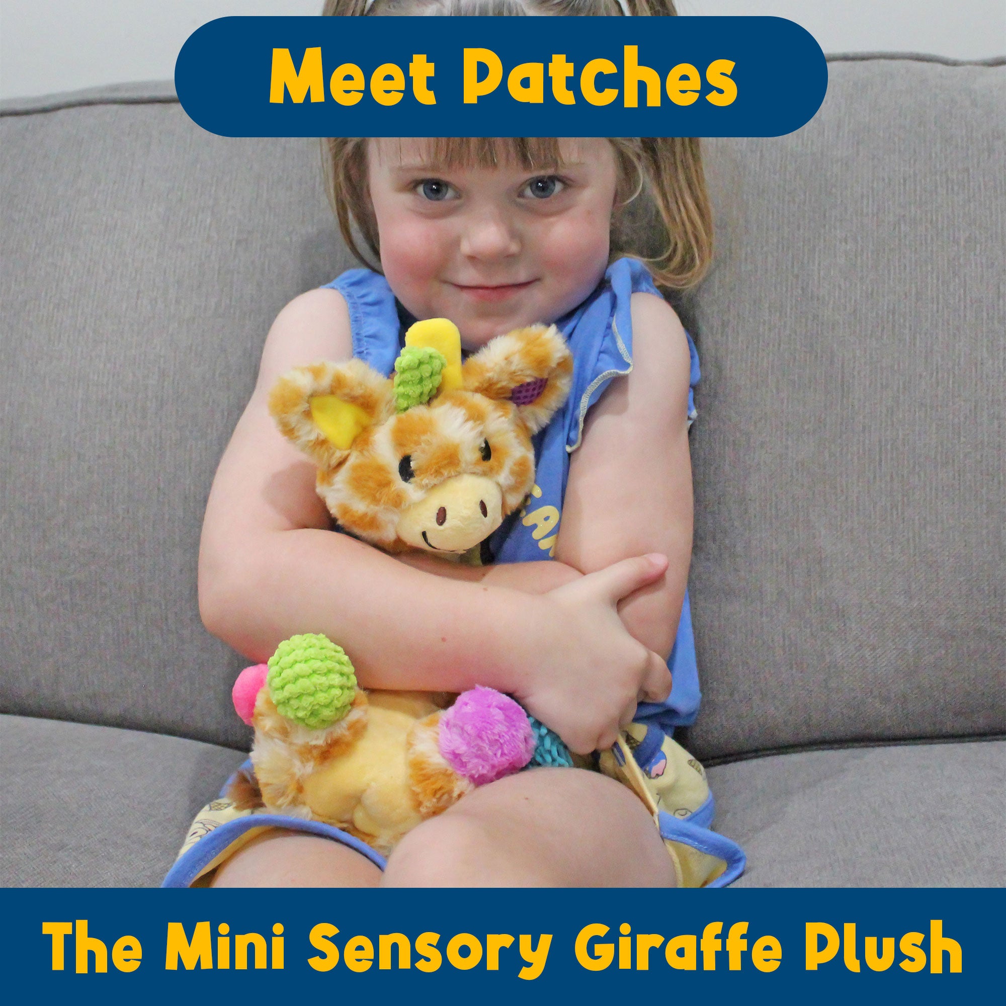 Child hugging Patches the Mini Sensory Giraffe Plush