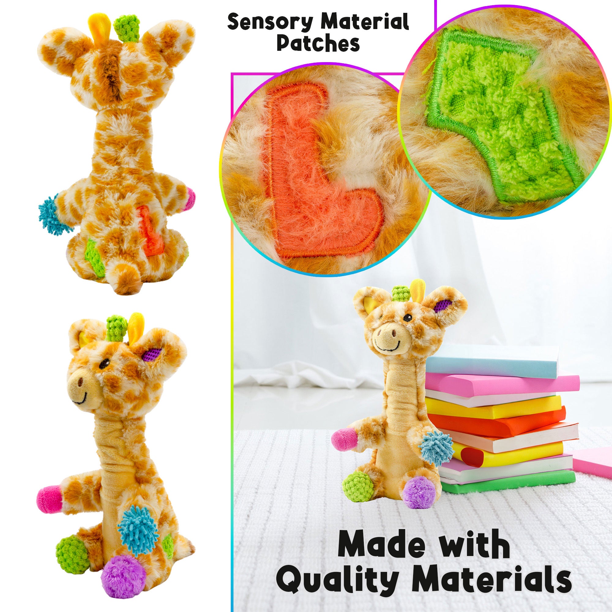 Patches the Mini Sensory Giraffe Plush with close-up views of colorful tactile material patches