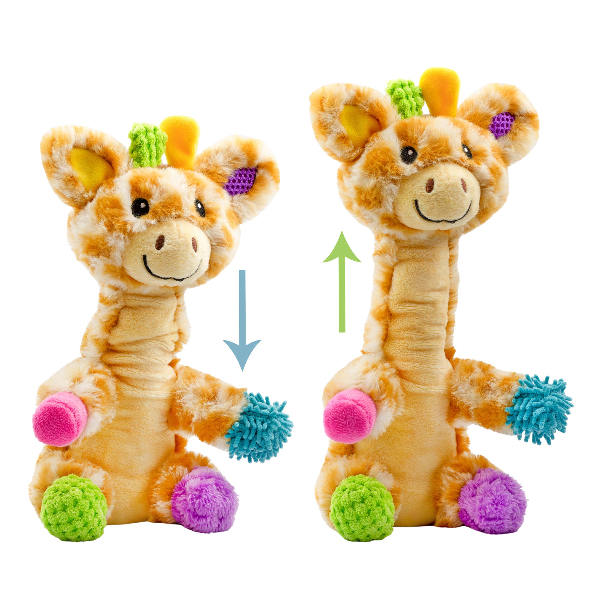 Patches the Mini Sensory Giraffe Plush shown with its extendable pop tube neck on a white background