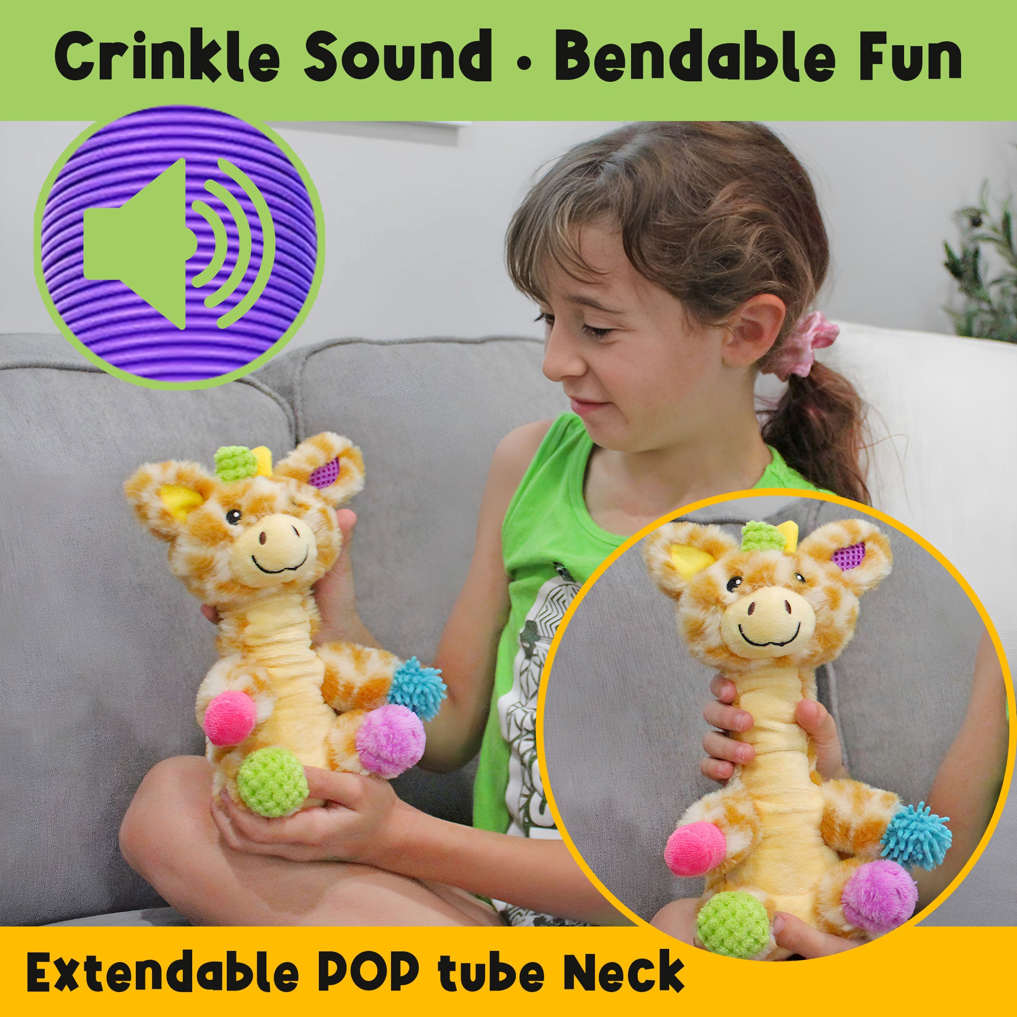 Child playing with the crinkle sound extendable pop tube neck on Patches the Mini Sensory Giraffe Plush