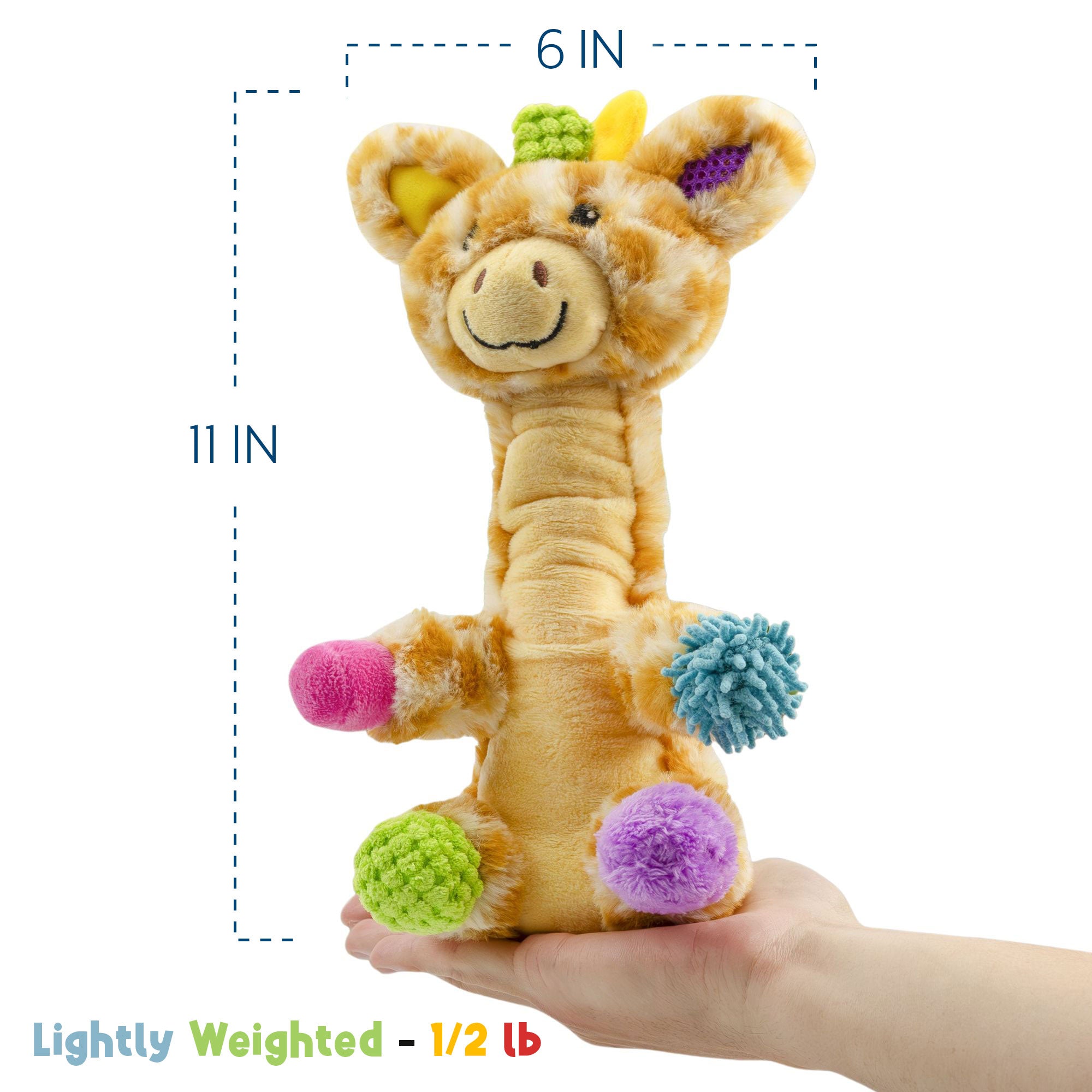 Size graphic showing Patches the Mini Sensory Giraffe Plush at approximately 11 inches tall and one-half pound