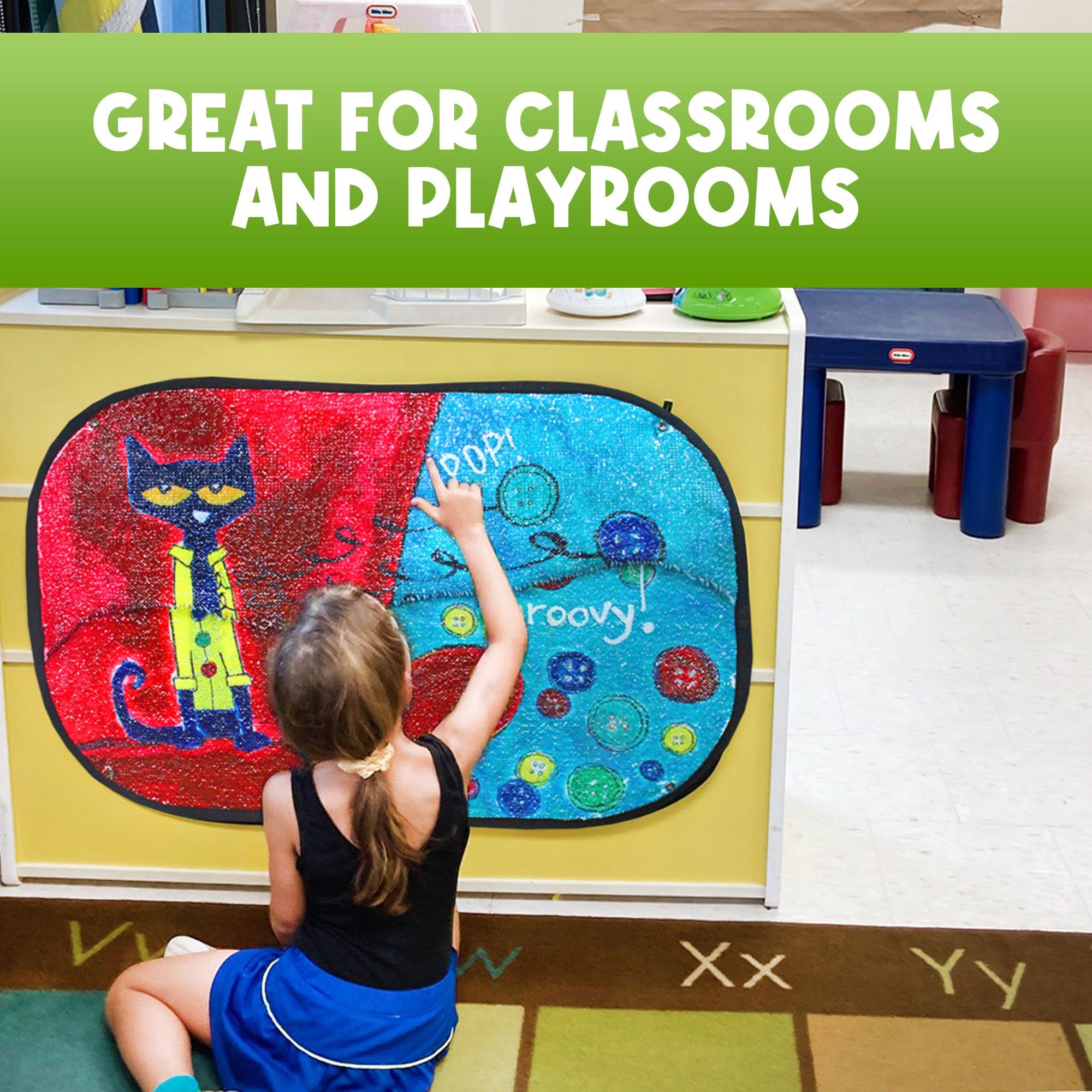 Child using the Pete the Cat Groovy Buttons Reversible Sequins Toy in a classroom setting
