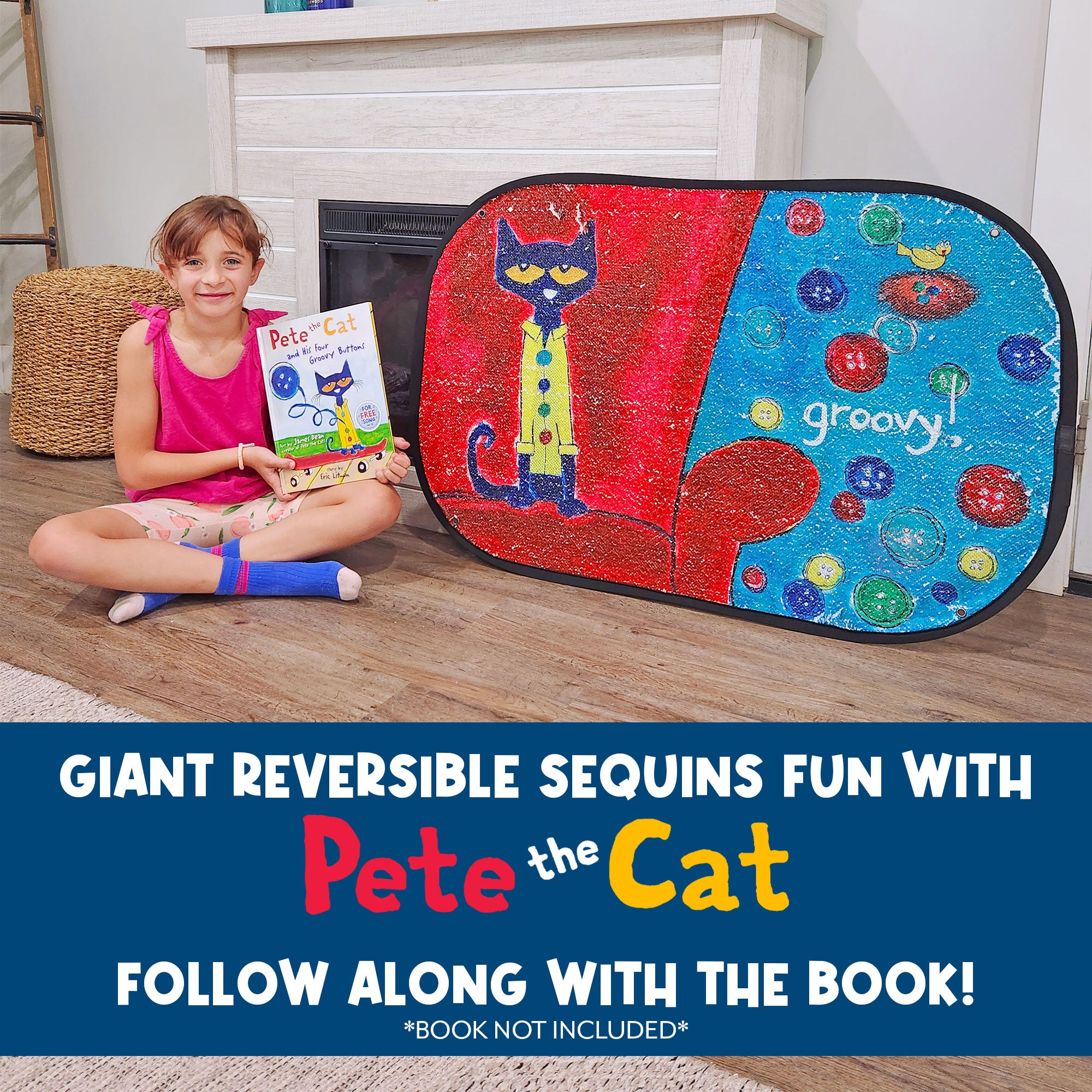 Child sitting beside the Pete the Cat Groovy Buttons Reversible Sequins Toy while holding the Pete the Cat and His Four Groovy Buttons book