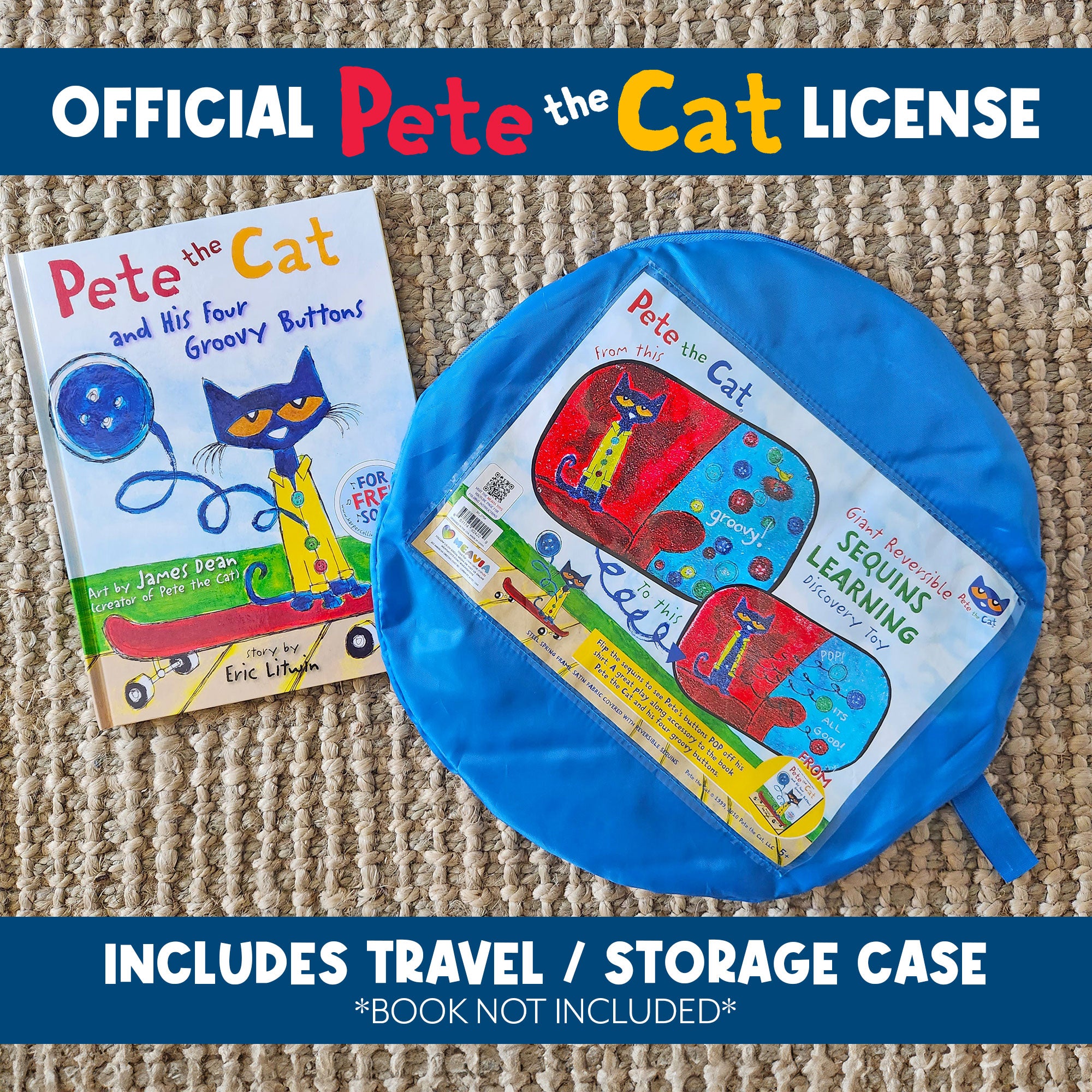Officially licensed Pete the Cat Groovy Buttons Reversible Sequins Toy with blue travel and storage case