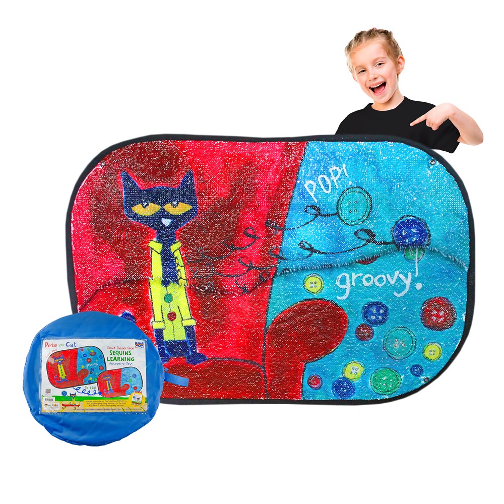 Pete the Cat Groovy Buttons Reversible Sequins Toy with colorful sequin surface and blue storage bag