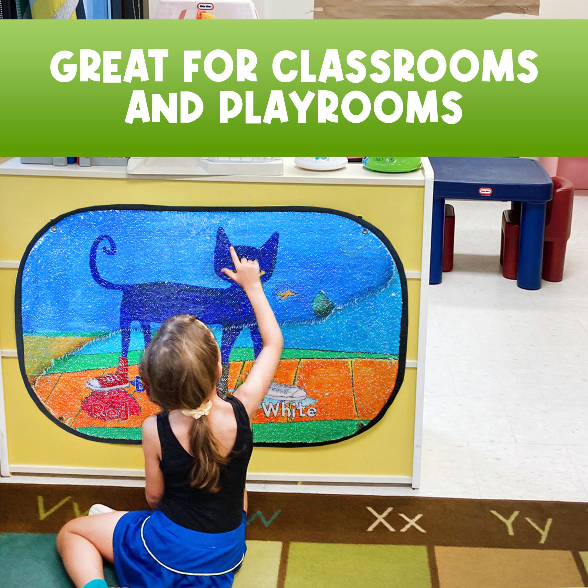 Child using the Pete the Cat White Shoes Reversible Sequins Toy in a classroom setting
