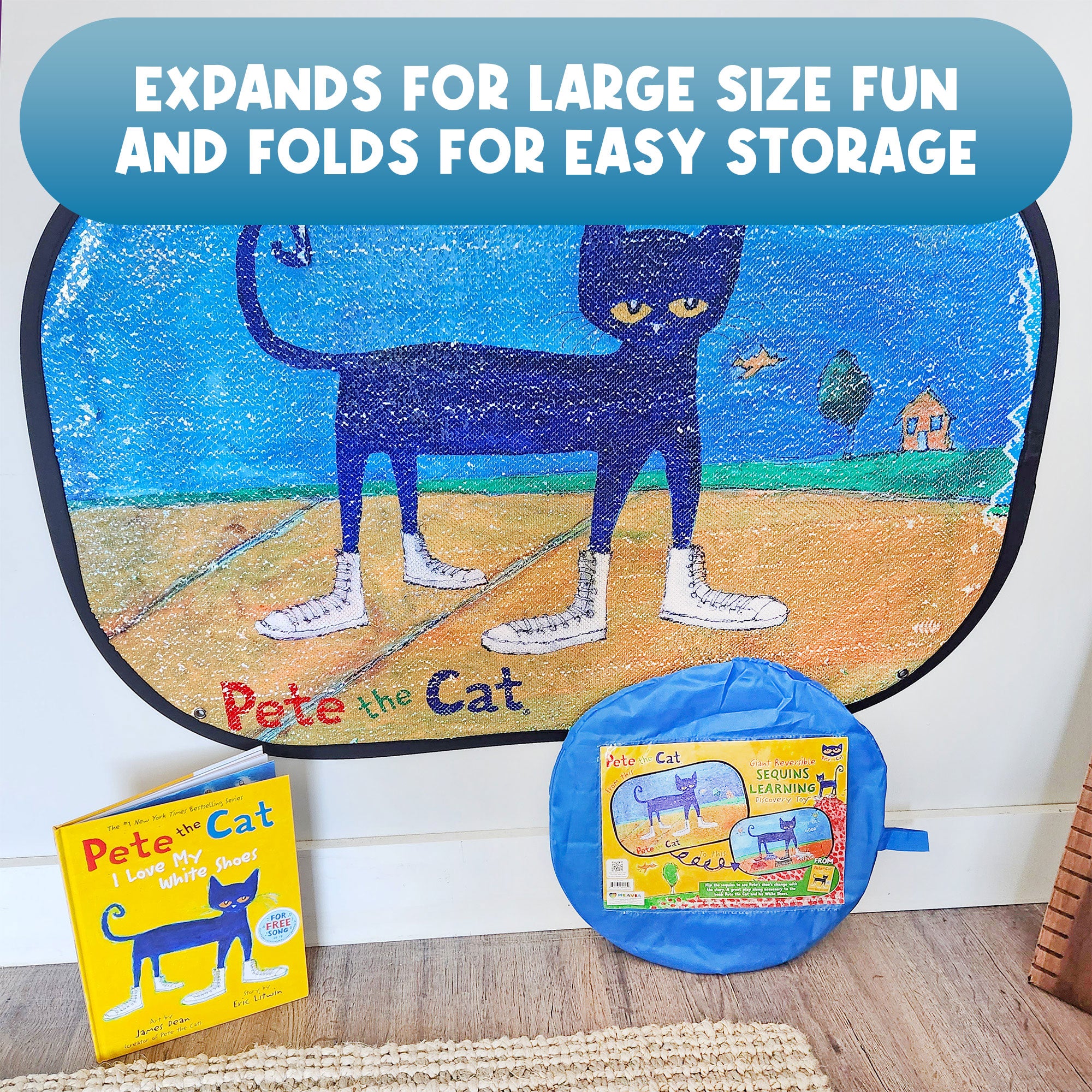 Pete the Cat White Shoes Reversible Sequins Toy shown expanded with its storage bag and Pete the Cat book displayed beside it