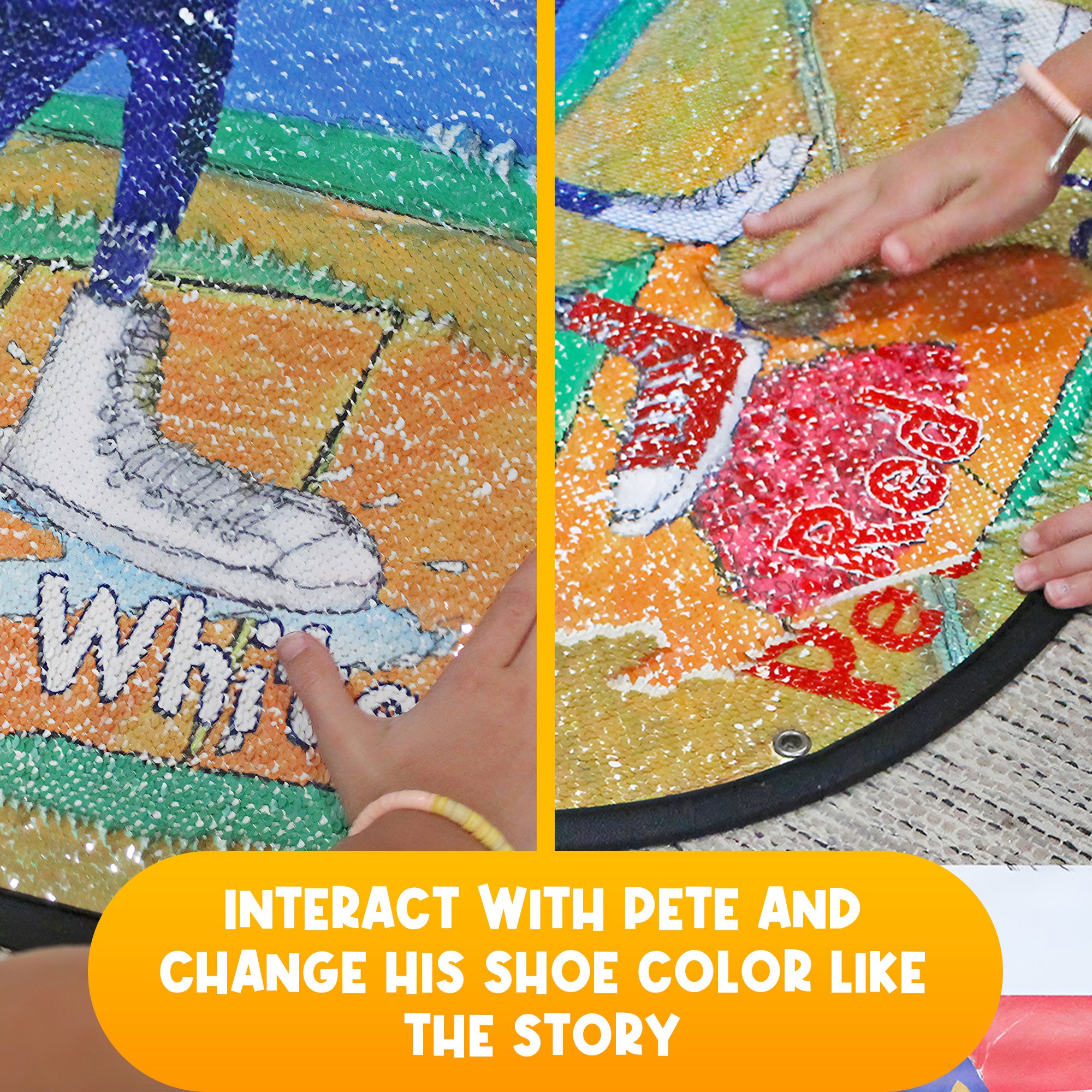 Hands swiping the reversible sequins to change Pete the Cat's shoe colors during hands-on play