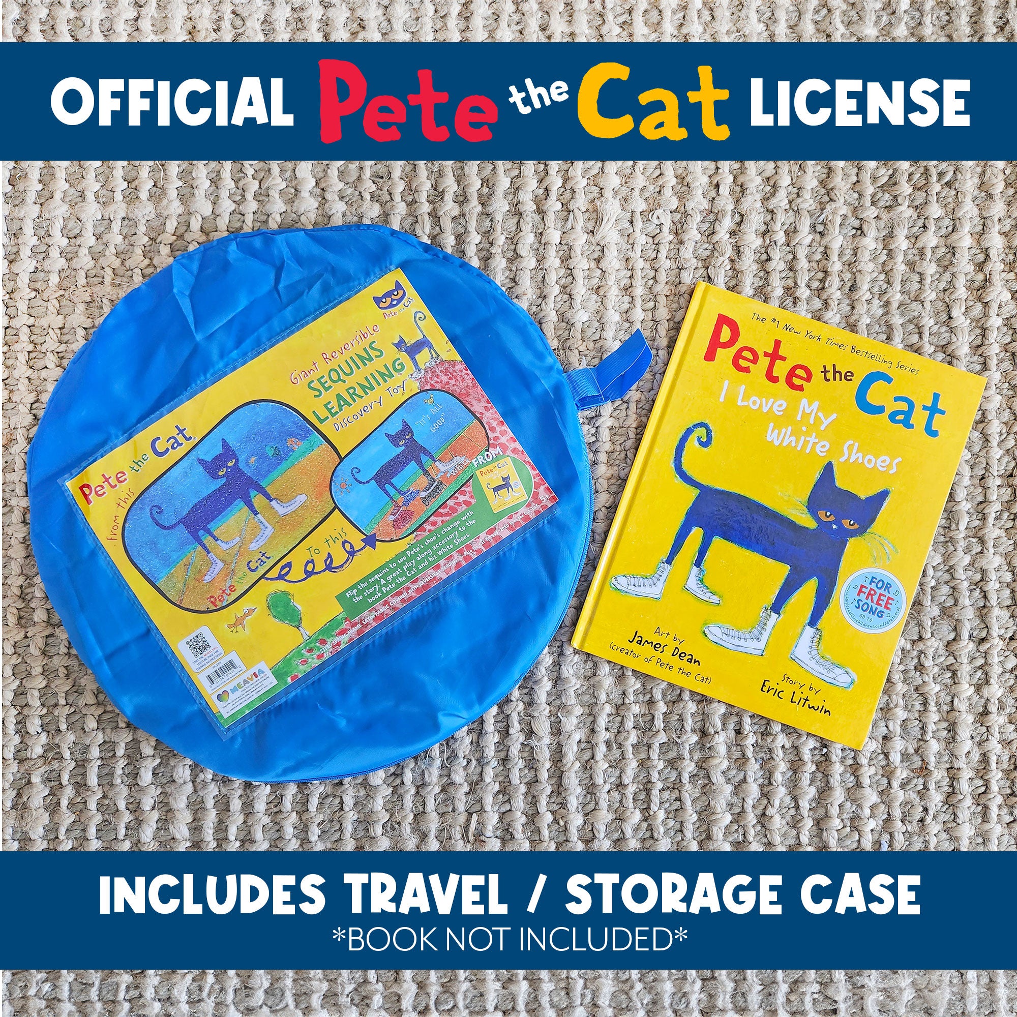 Officially licensed Pete the Cat White Shoes Reversible Sequins Toy with blue travel and storage case