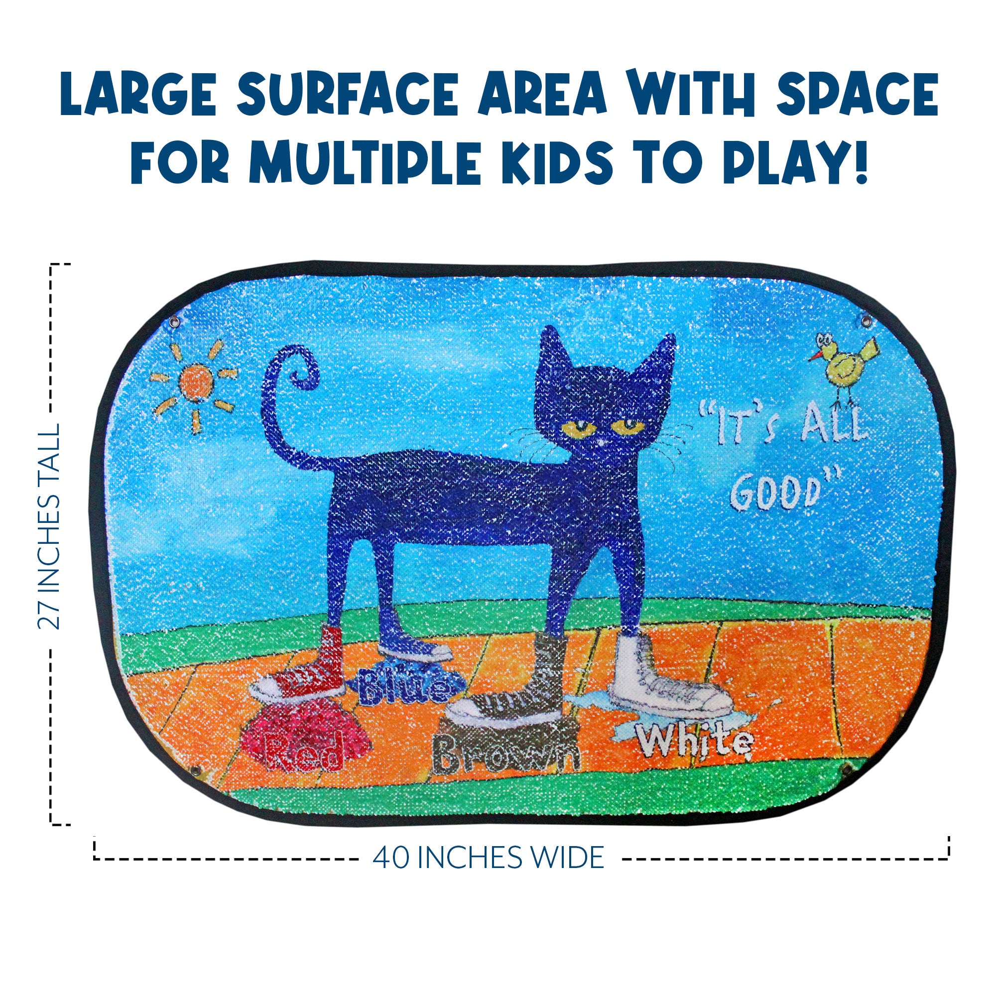 Size graphic showing the Pete the Cat White Shoes Reversible Sequins Toy at 40 inches wide by 27 inches high