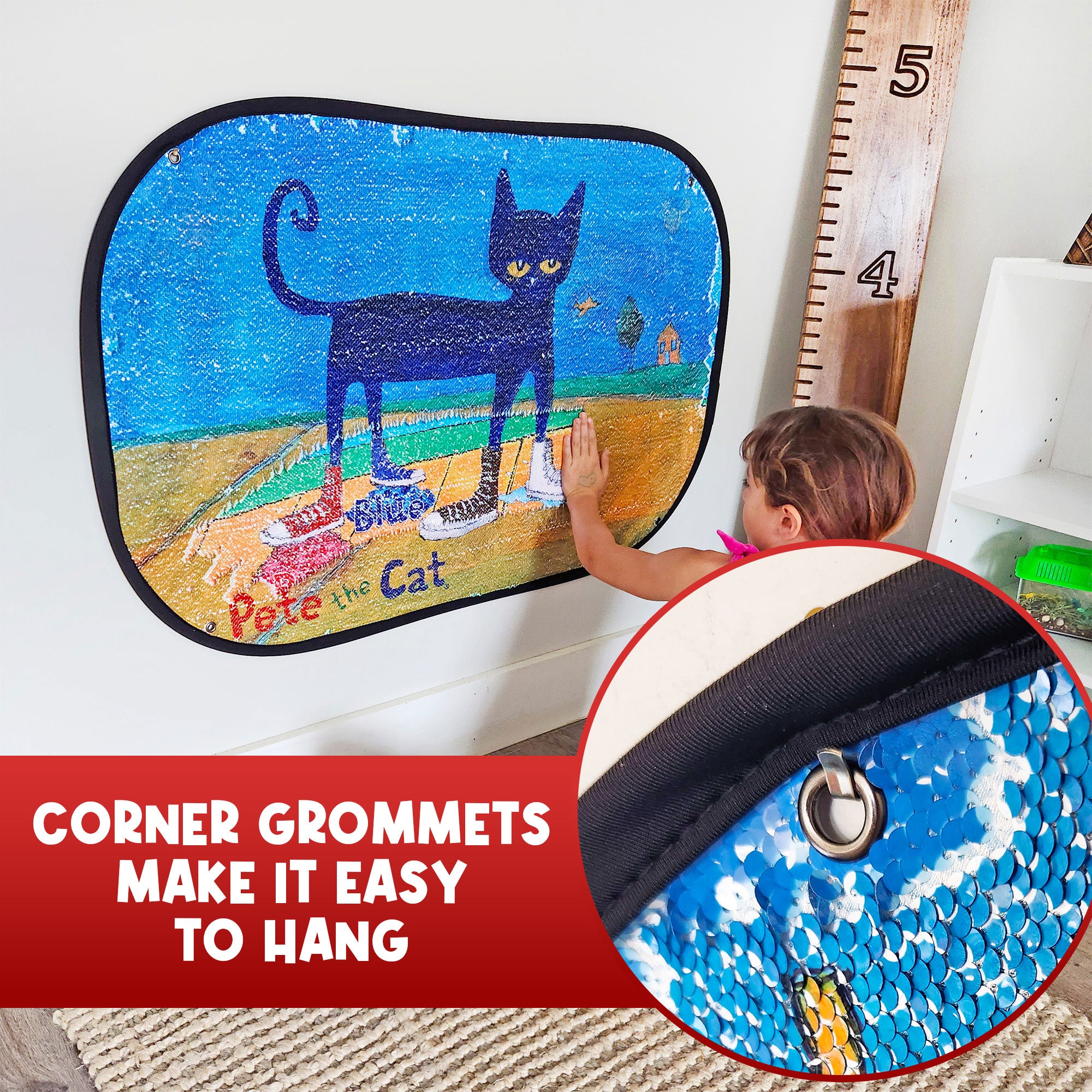 Pete the Cat White Shoes Reversible Sequins Toy mounted on a wall with a close-up of a corner grommet