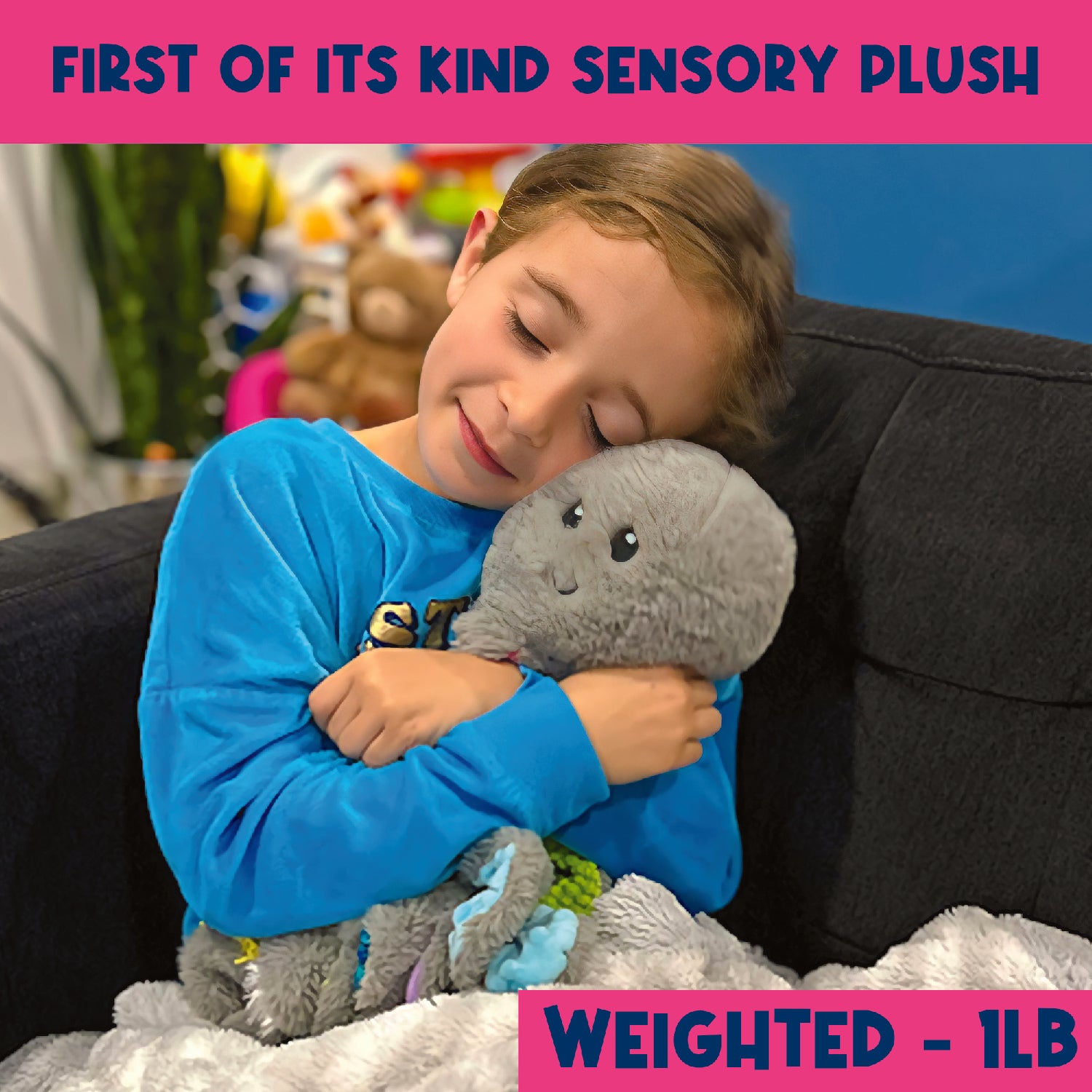 Child hugging Quiggly the Weighted Sensory Octopus Plush showing its approximately 1 lb weighted design