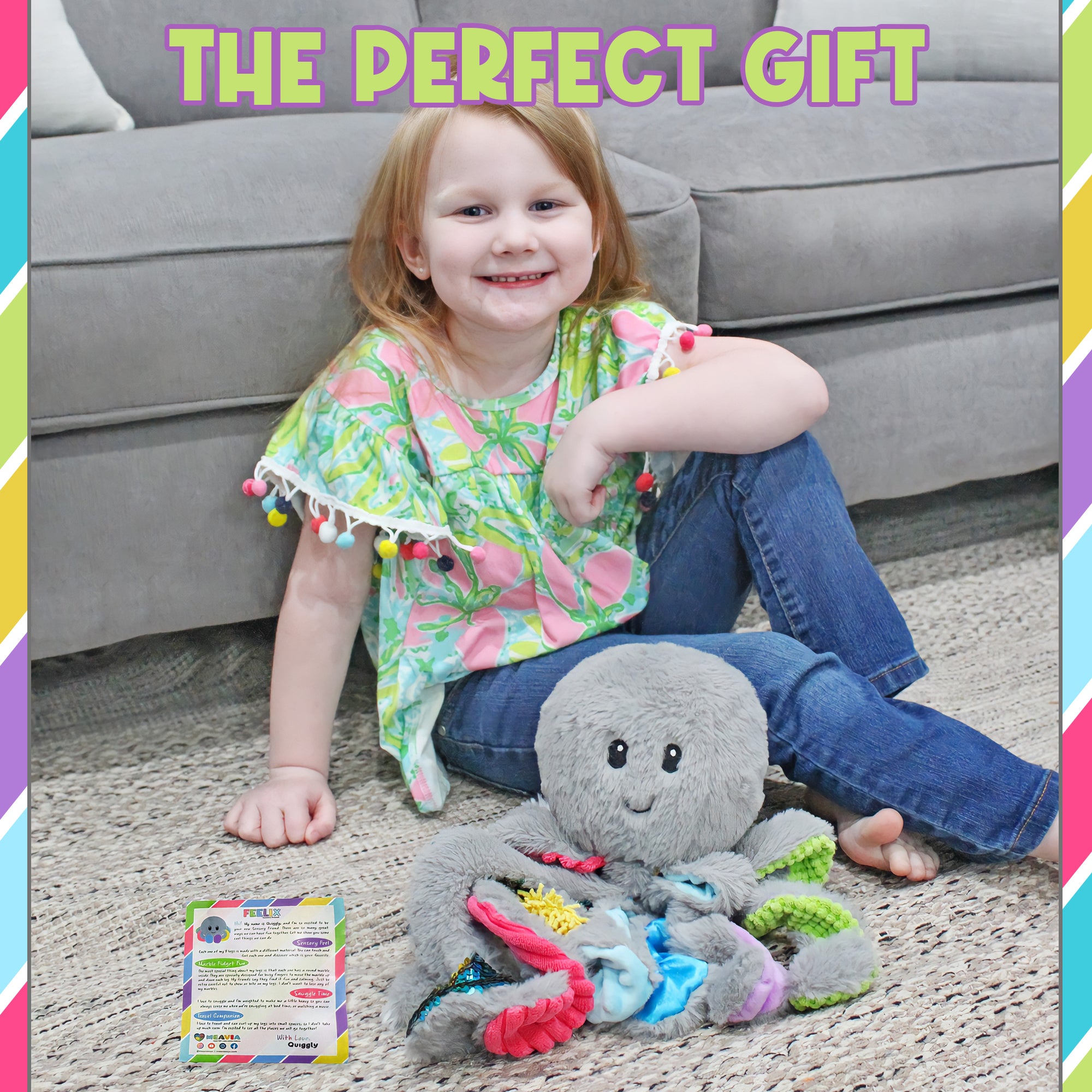 Child sitting beside Quiggly the Weighted Sensory Octopus Plush at home