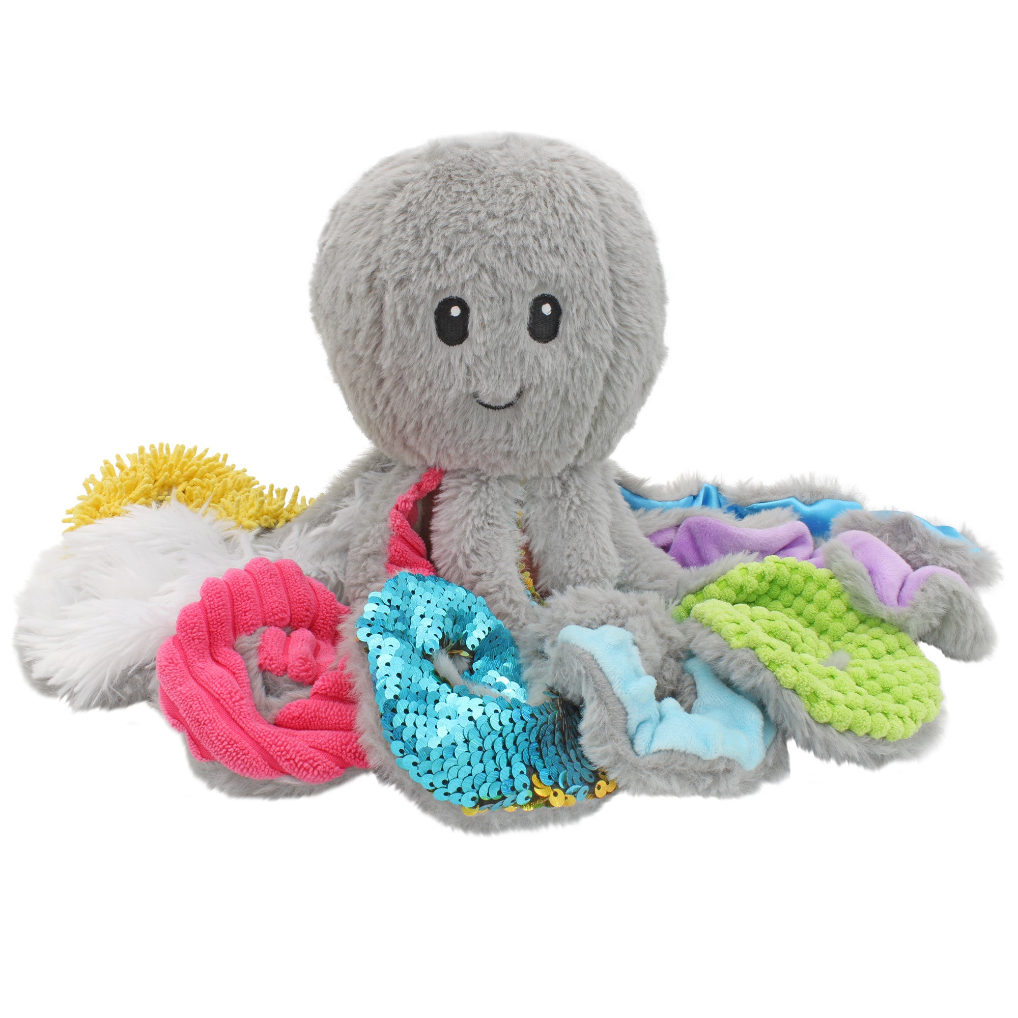 Quiggly the Weighted Sensory Octopus Plush with eight colorful textured tentacles on a white background