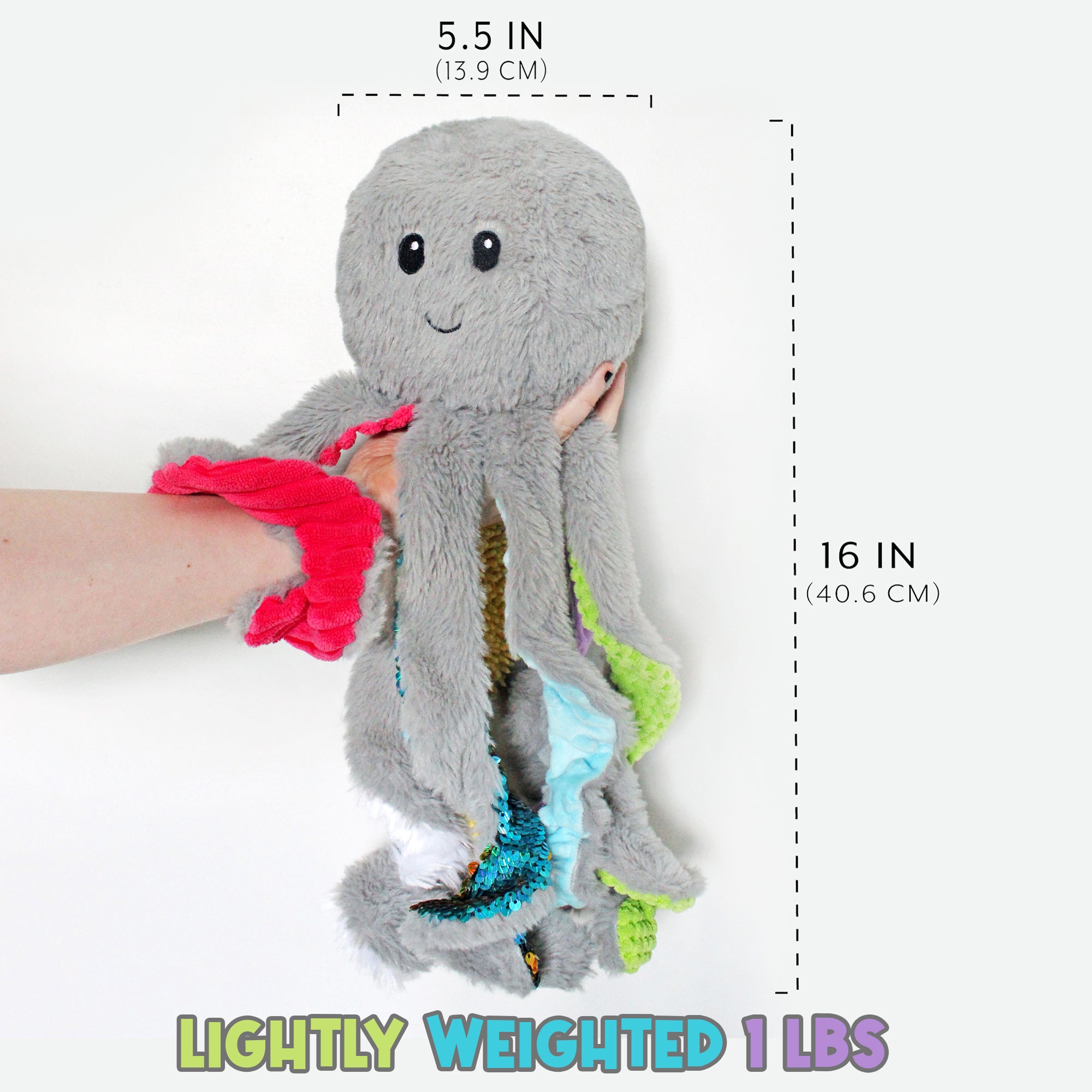 Quiggly Weighted Sensory Octopus Plush size graphic showing approximately 5.5 inches wide and 16 inches long