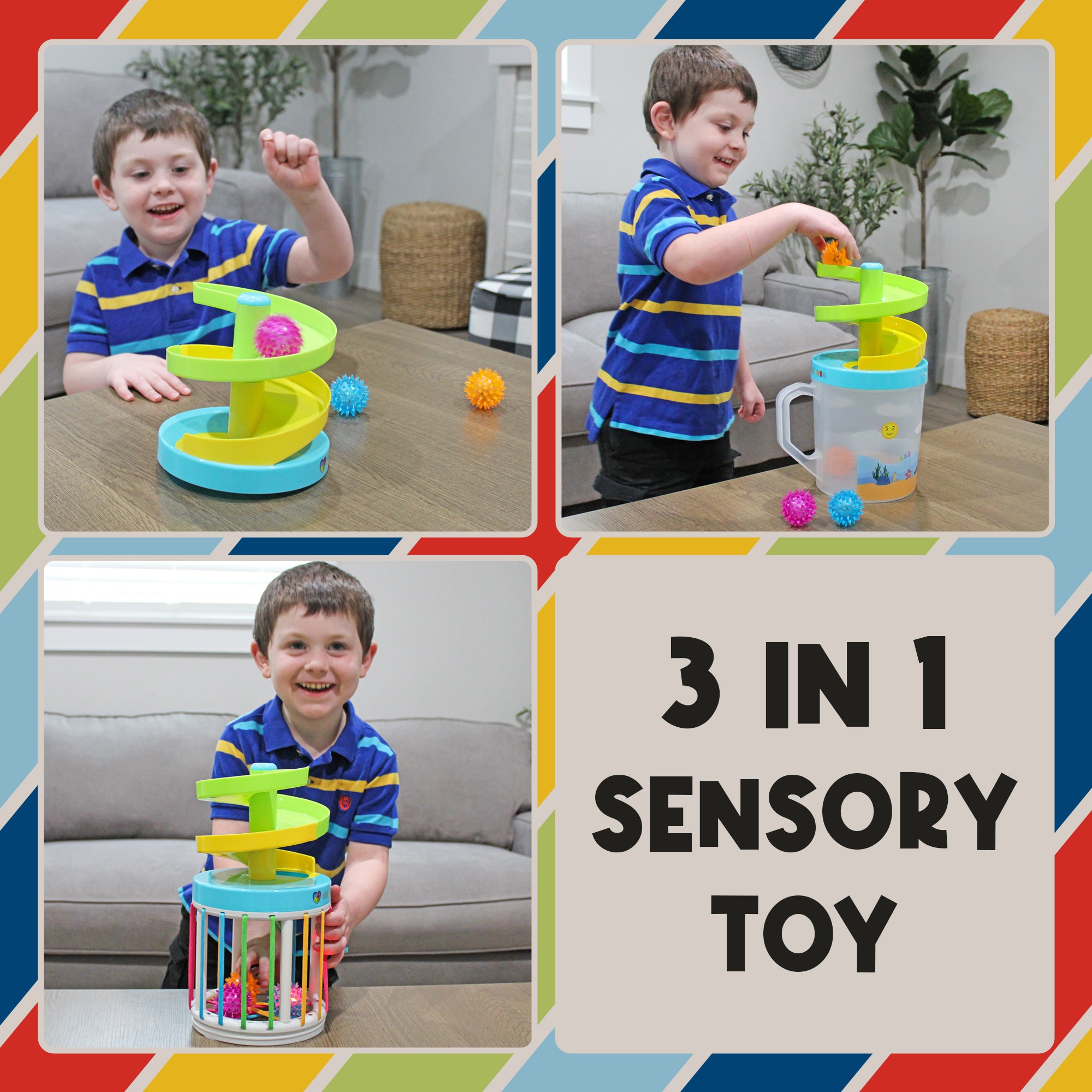 Three-photo collage of a child using the MEAVIA Roll & Drop Sensory Toy in wobble-ramp, water-jug and string-bin configurations