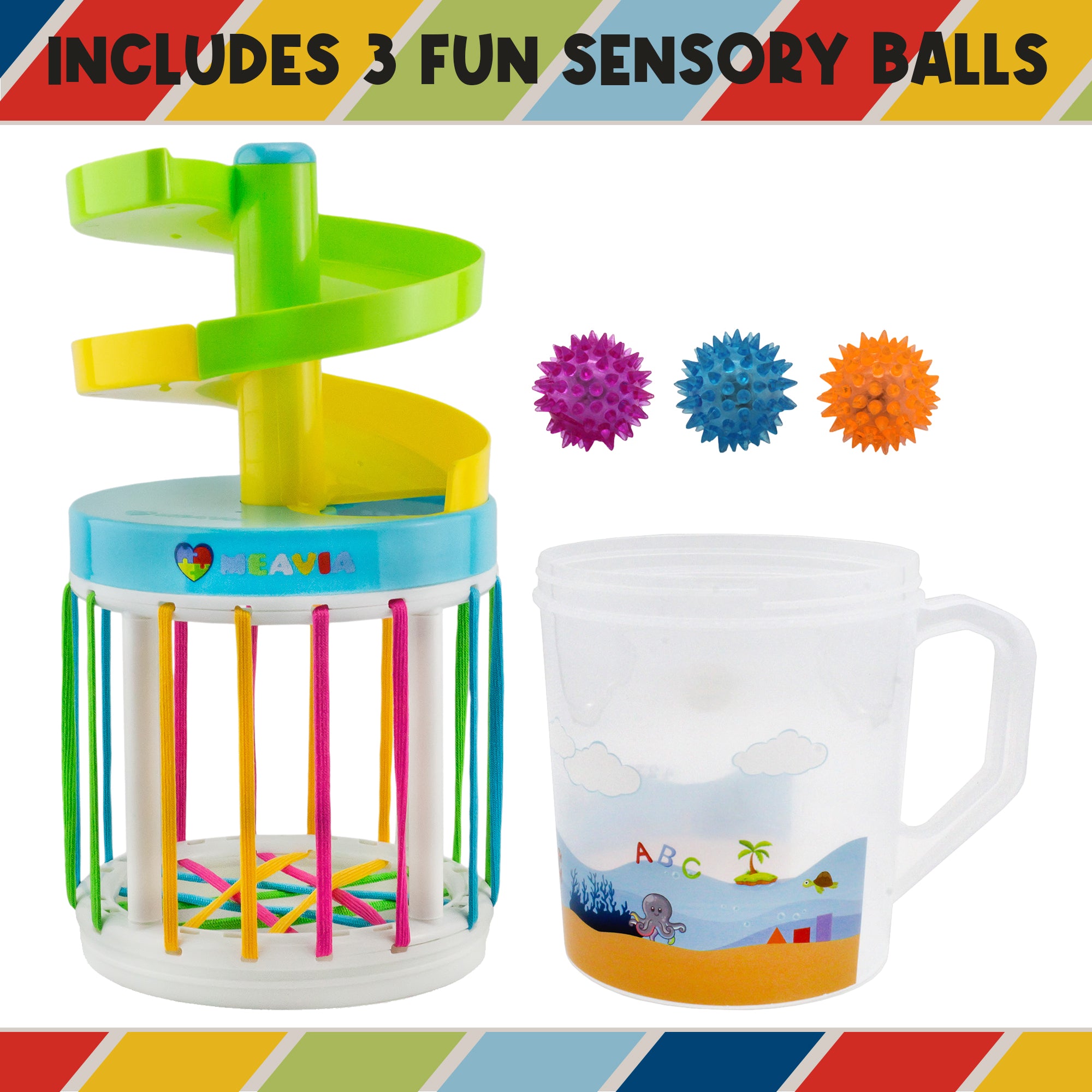 MEAVIA Roll & Drop Sensory Toy with spiral ramp, string bin, water-play jug and three textured sensory balls