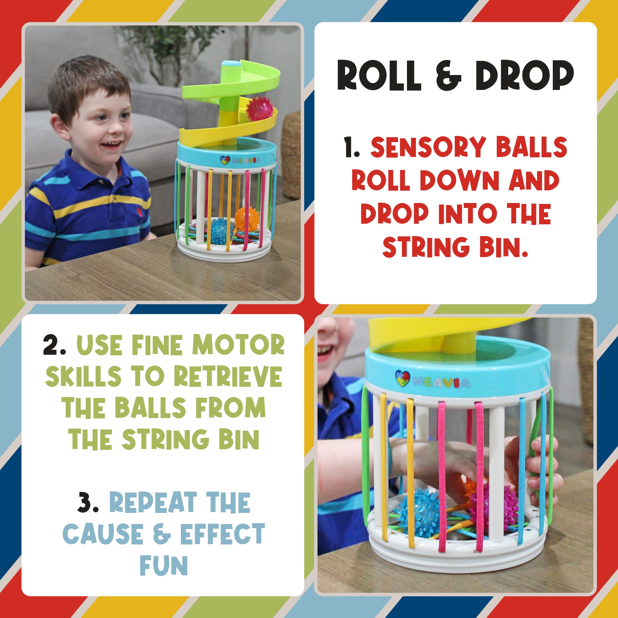 Child rolling sensory balls down the MEAVIA Roll & Drop ramp and retrieving them through the colorful string bin