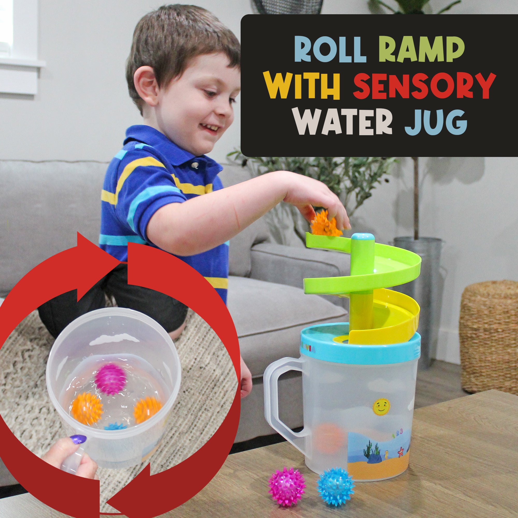Child rolling textured balls down the MEAVIA Roll & Drop ramp into the water-play jug, with balls swirling in the water