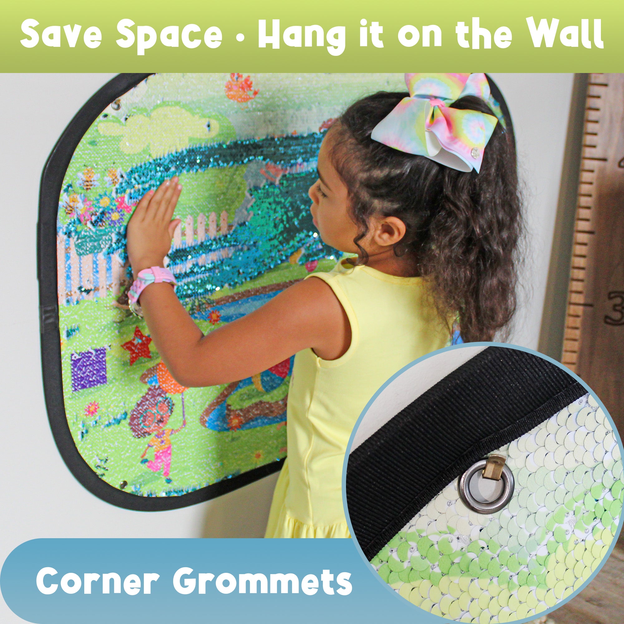Child using the Giant Reversible Sequins Learning Discovery Toy mounted on a wall with corner grommets
