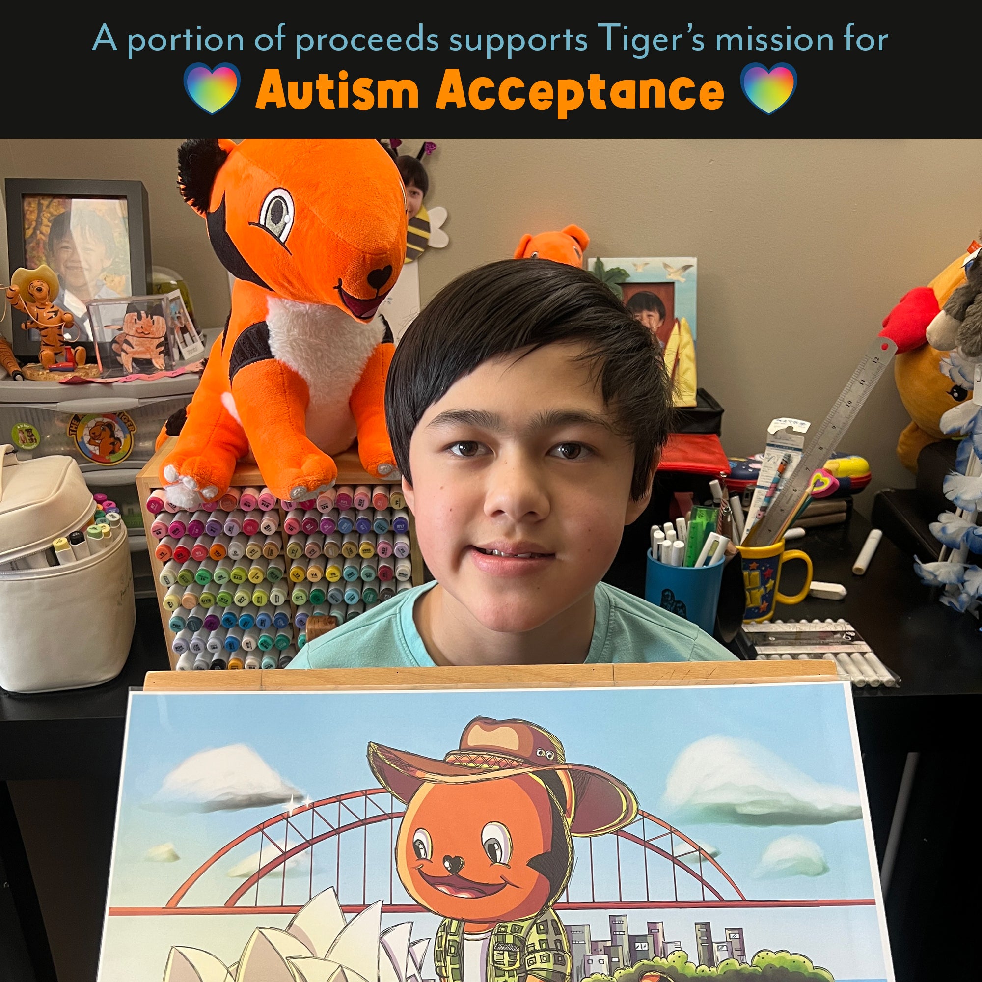 Tiger Villec pictured with TAT the Autistic Tiger and artwork highlighting his autism acceptance mission