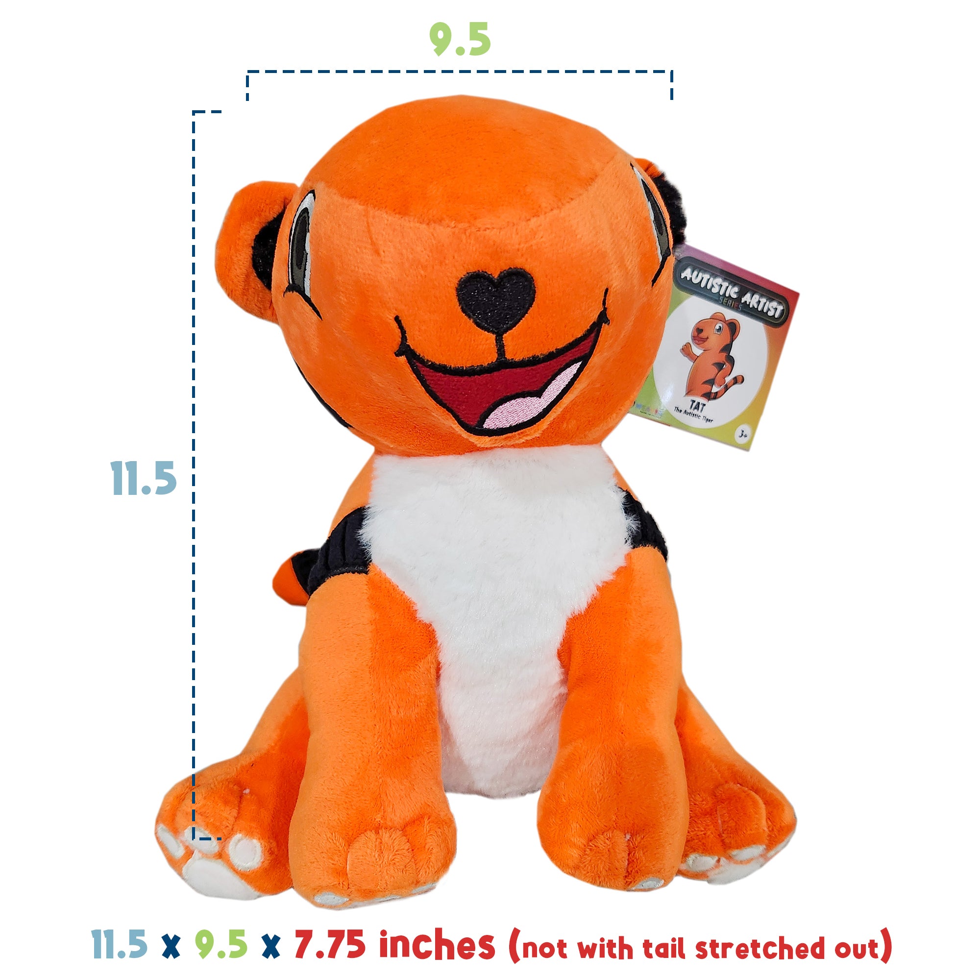Size graphic showing TAT the Autistic Tiger plush at approximately 11.5 by 9.5 by 7.75 inches