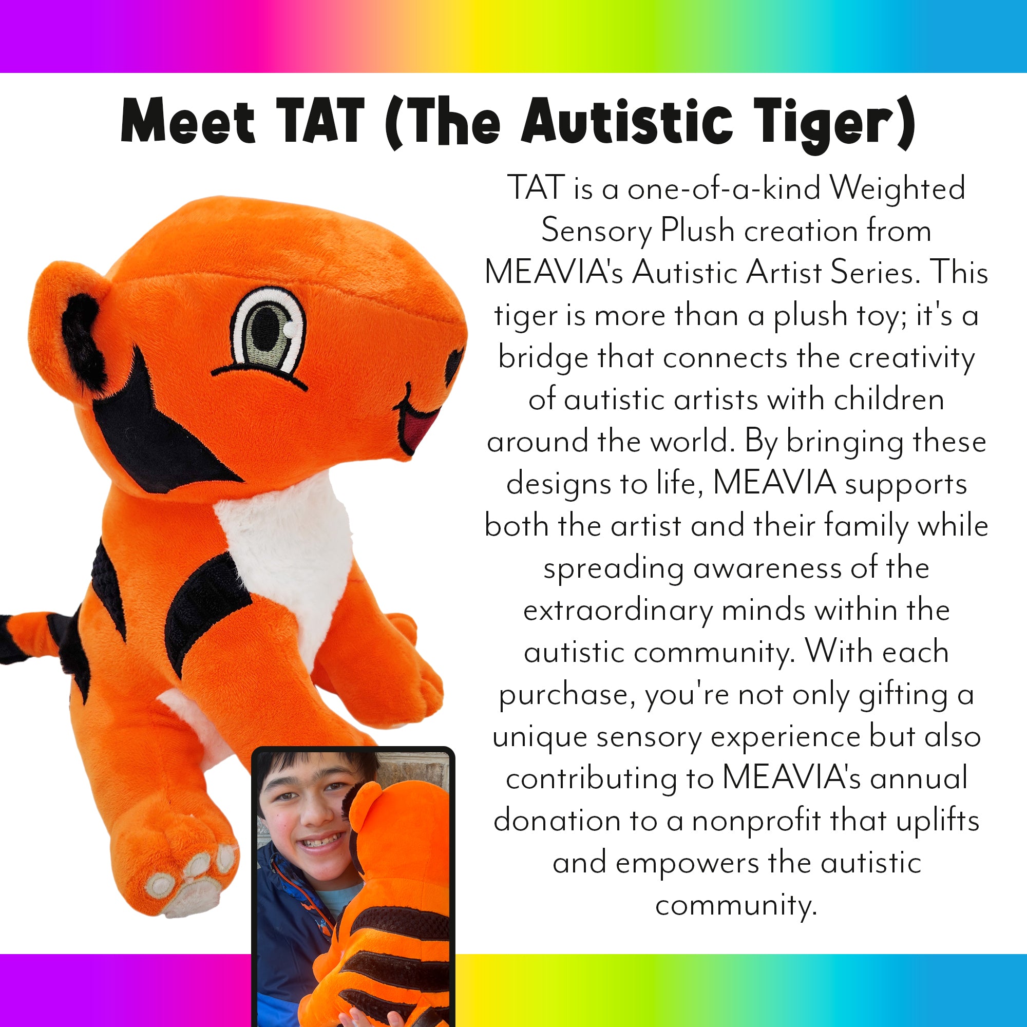 TAT the Autistic Tiger story graphic explaining the artist collaboration and MEAVIA’s commitment to giving back to the autistic community