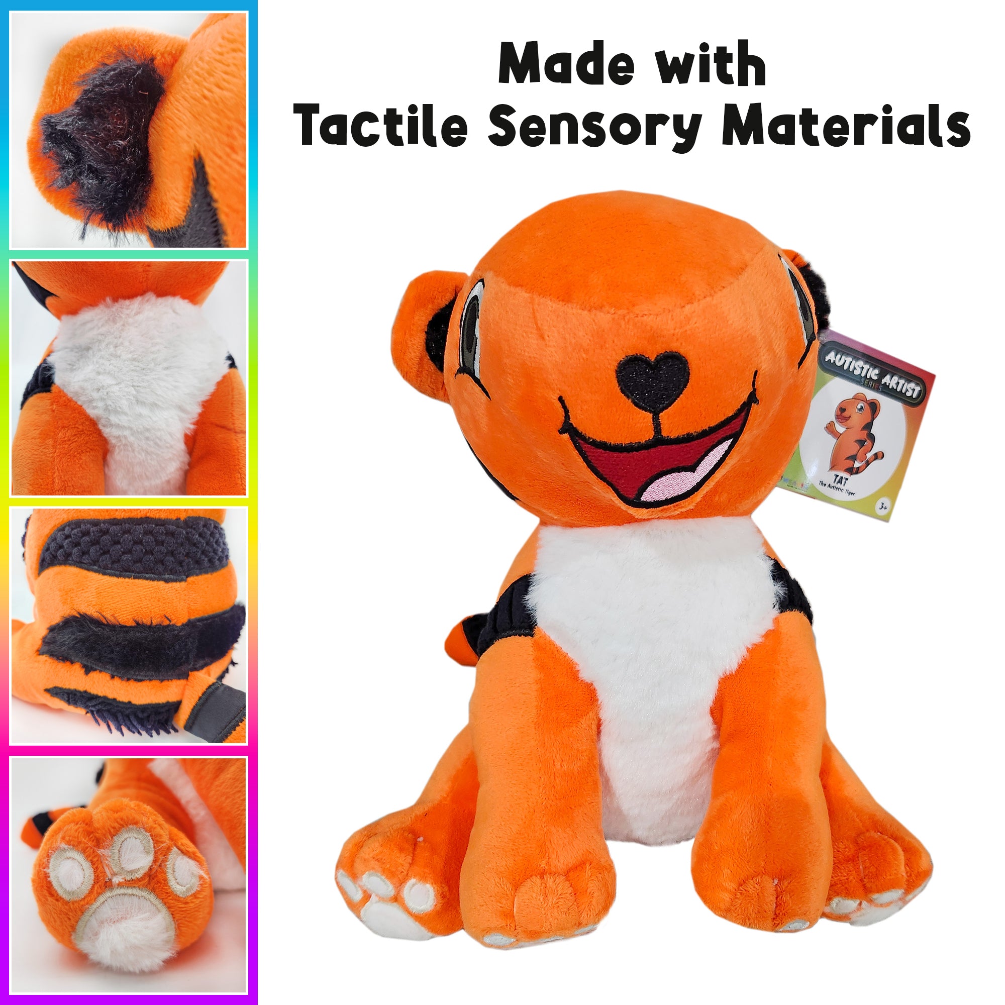 TAT the Autistic Tiger plush with close-up views of its different tactile sensory fabrics